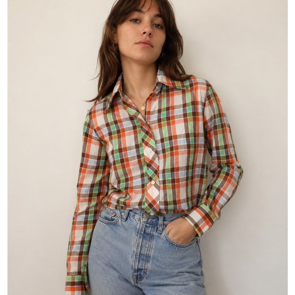 Vintage Western Plaid Button Down Shirt 70s 80s Orange Green Multi Stagecoach Sm